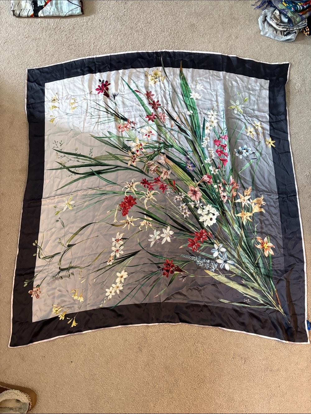 Floral Square Scarf in Black and Gray by